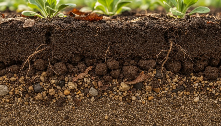 Close-up of dark soil with visible texture held in hands with green lawn in background