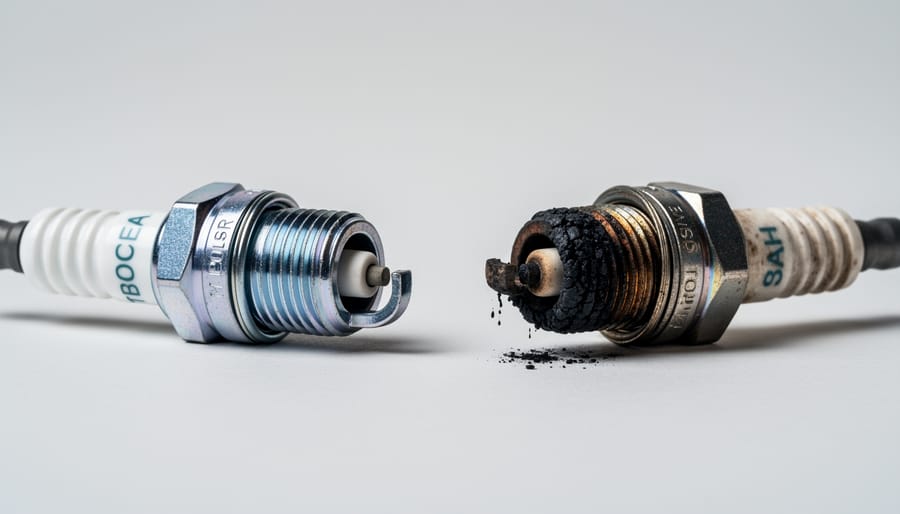 Dirty spark plug held next to clean new spark plug showing carbon deposits and wear