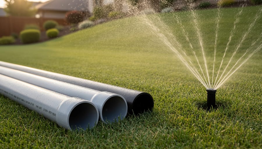 Close-up of different-diameter PVC and black polyethylene irrigation pipes next to a running pop-up sprinkler on a green lawn, with garden beds and a gentle uphill slope blurred in the background.