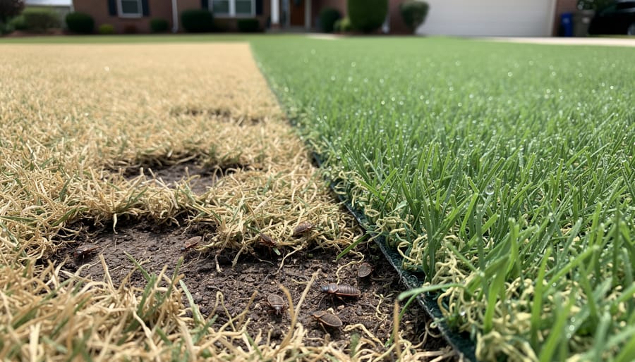 Lawn damage showing yellowed patches caused by surface-feeding insects