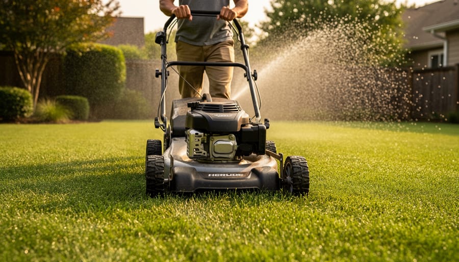 Ground-level view of an unbranded push mower cutting tall, lush grass at golden hour with a soft-focus sprinkler arc and backyard trees in the background.