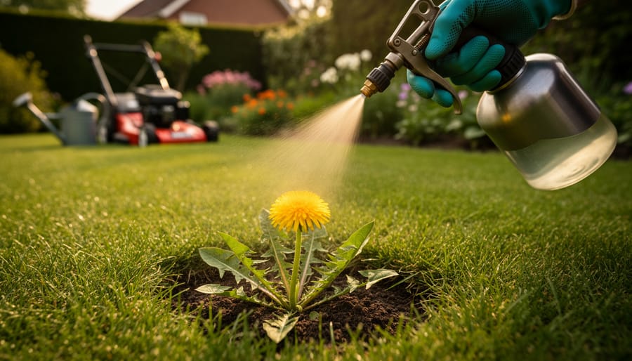 Gloved hand using a handheld pump sprayer to spot-spray a single dandelion in a thick green lawn at golden hour, with a blurred mower and watering can in the background.