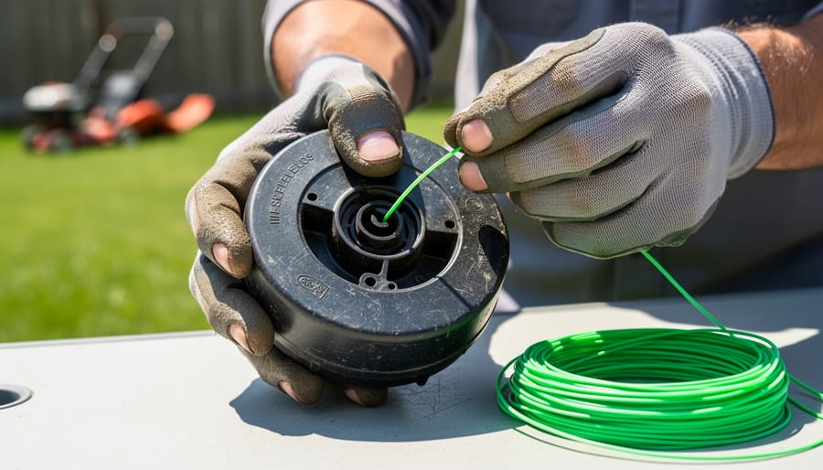 Overhead view of hands threading trimmer line through fixed trimmer head during maintenance