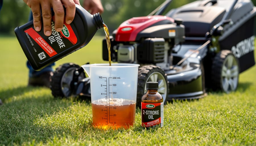 Close-up of 2-stroke oil being mixed with gasoline in fuel container