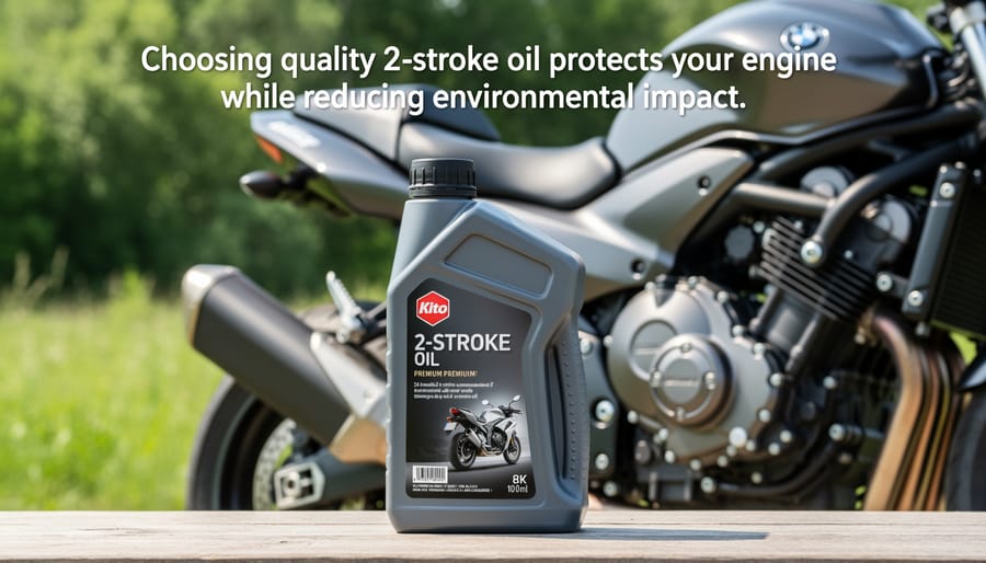 Selection of 2-stroke oil bottles including synthetic and eco-friendly options