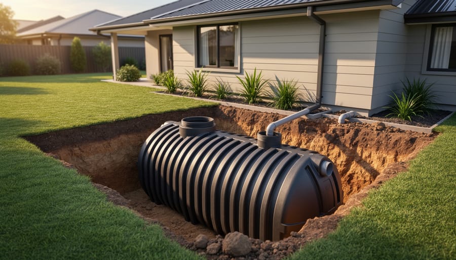 Large ribbed polyethylene underground water storage tank in an open trench next to a suburban house with gutters and a downspout visible, golden hour light, lawn and garden beds in the background.