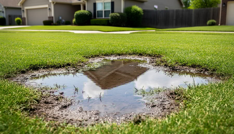 Waterlogged residential lawn with standing water puddles and struggling grass