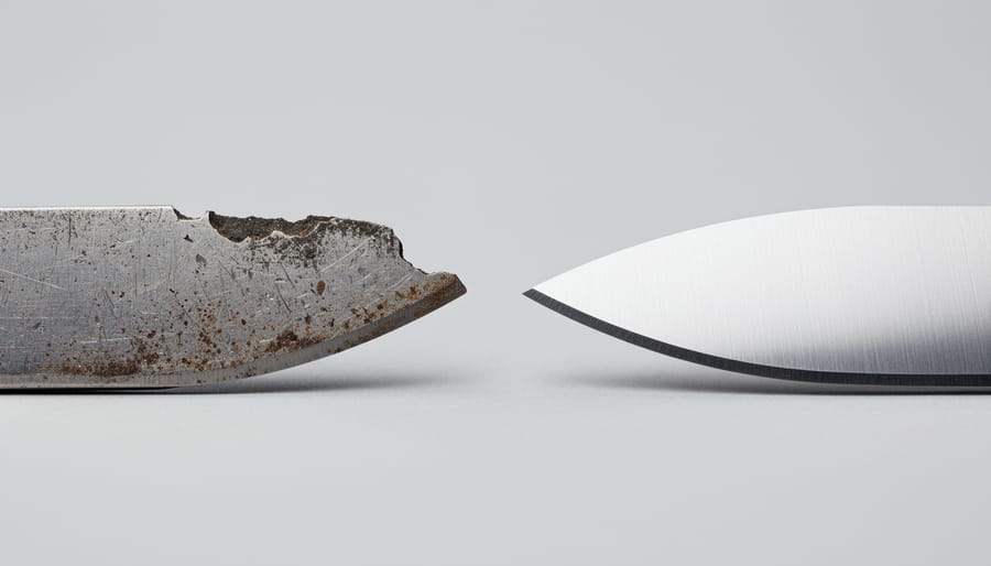 Side-by-side comparison of worn robotic mower blade and new replacement blade