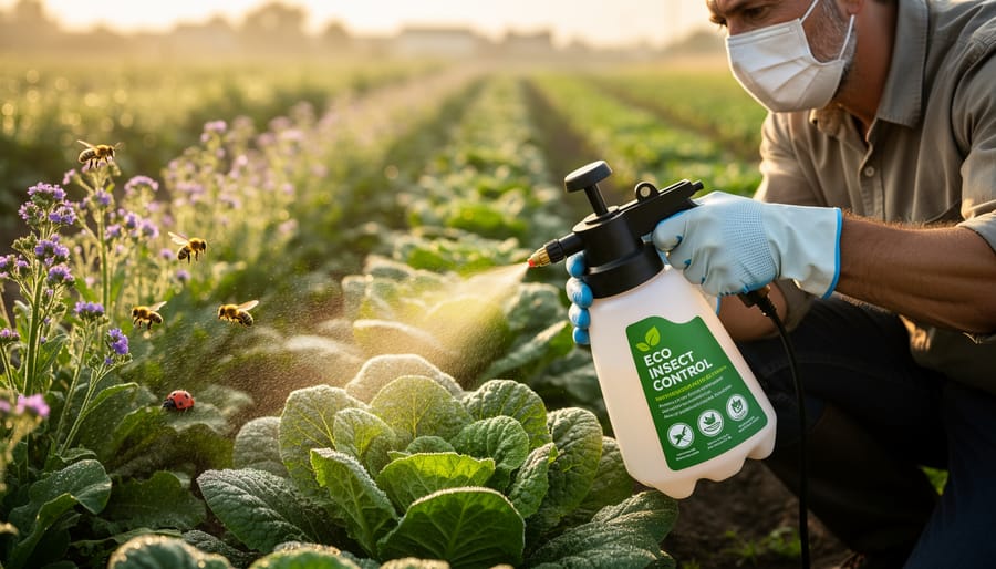 Gardener spraying eco-friendly insecticide on kale leaves in vegetable garden