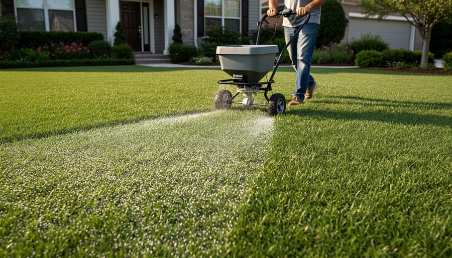 Person using broadcast spreader to apply granular fertilizer to residential lawn