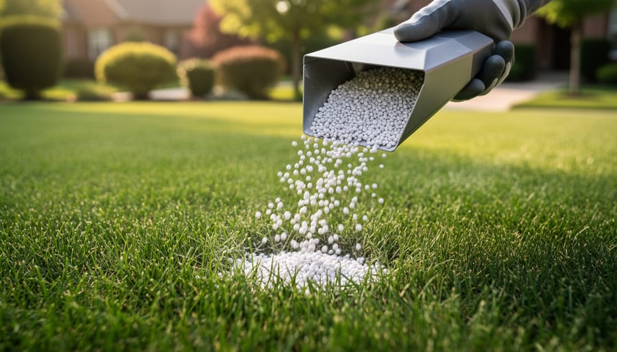 Hands applying granular potassium fertilizer to lawn soil