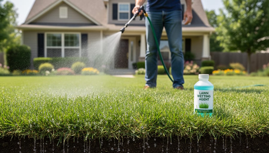 Homeowner preparing to apply liquid wetting agent using backpack sprayer on residential lawn