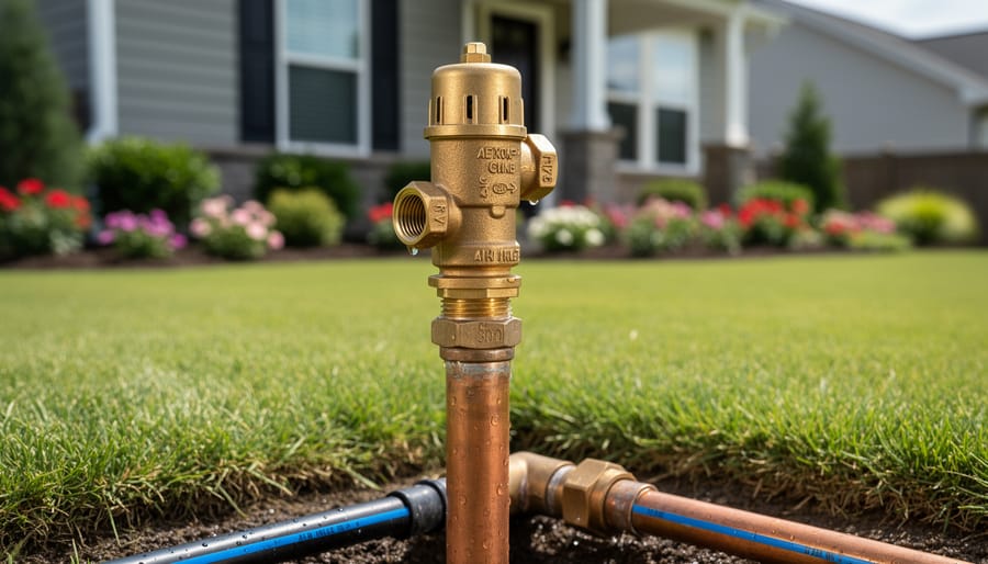 Brass atmospheric vacuum breaker backflow prevention device installed on outdoor water pipe