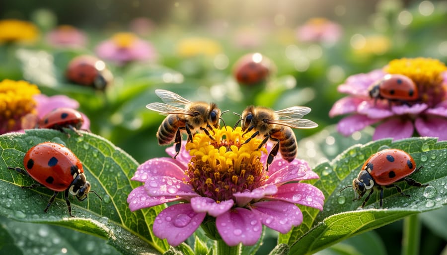 Honeybee and ladybug on lavender flowers representing beneficial garden insects