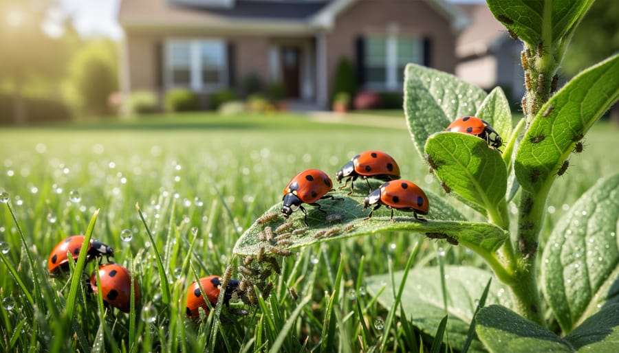 Ladybug on grass blade showing beneficial insect present in healthy lawn ecosystem