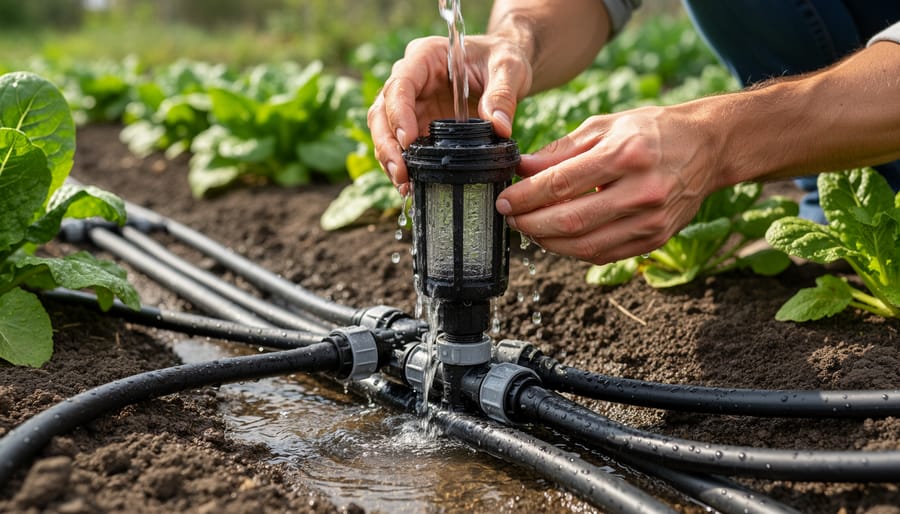 Close-up of hands cleaning sediment from drip irrigation system filter