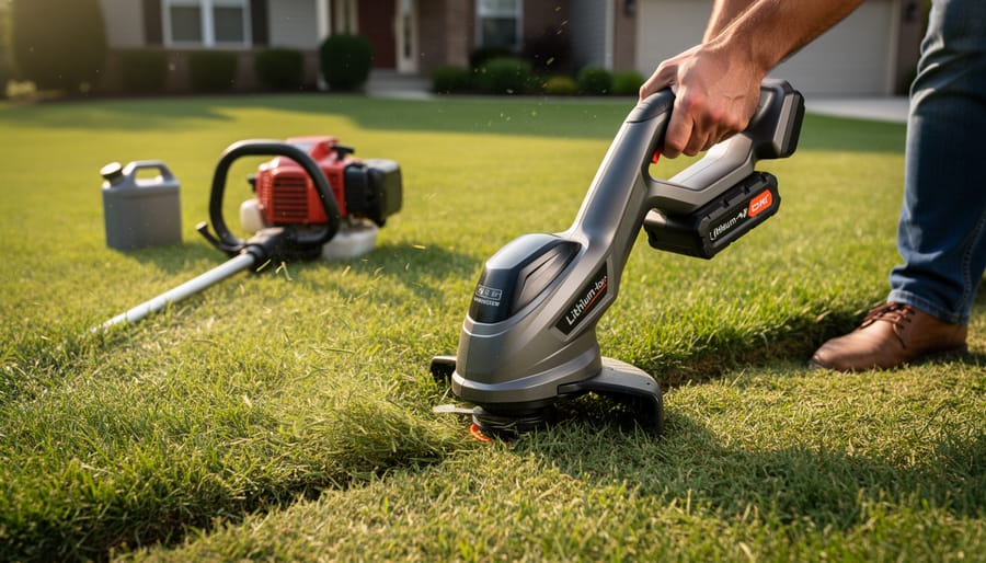 Close-up of lithium-ion battery being installed in cordless electric string trimmer