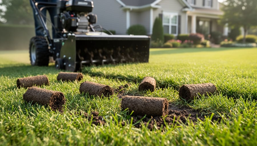 Lawn aeration equipment with freshly removed soil cores on grass surface