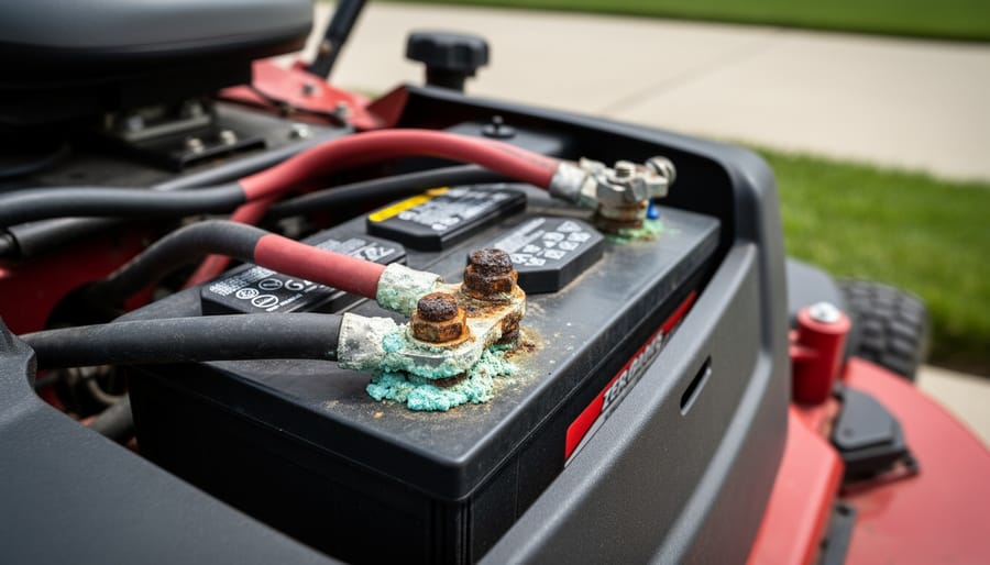 Close-up of corroded battery terminals showing white and green buildup on connections