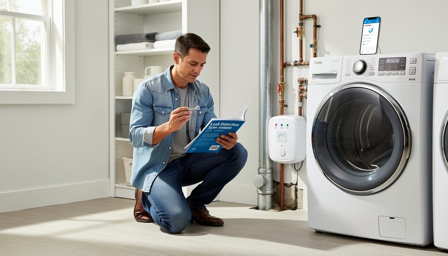 Hands installing leak detection equipment on residential irrigation system