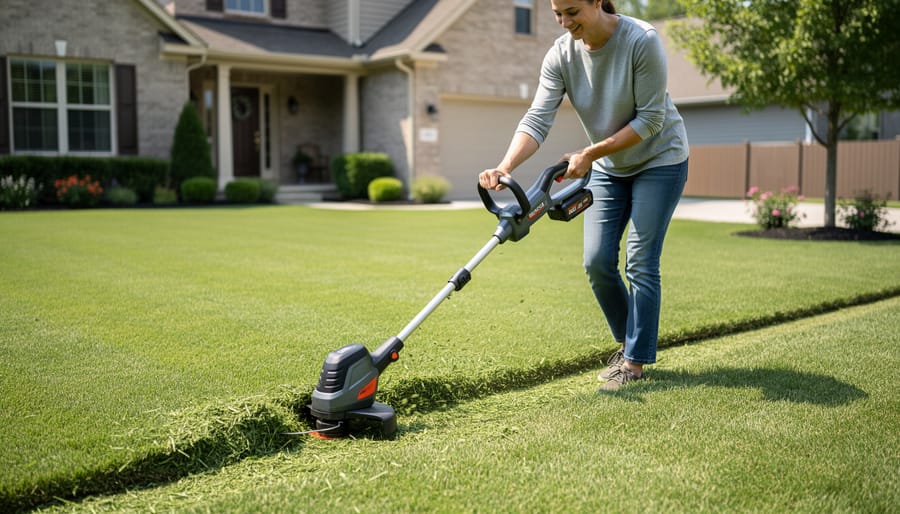 Woman comfortably using lightweight cordless electric string trimmer along garden edge
