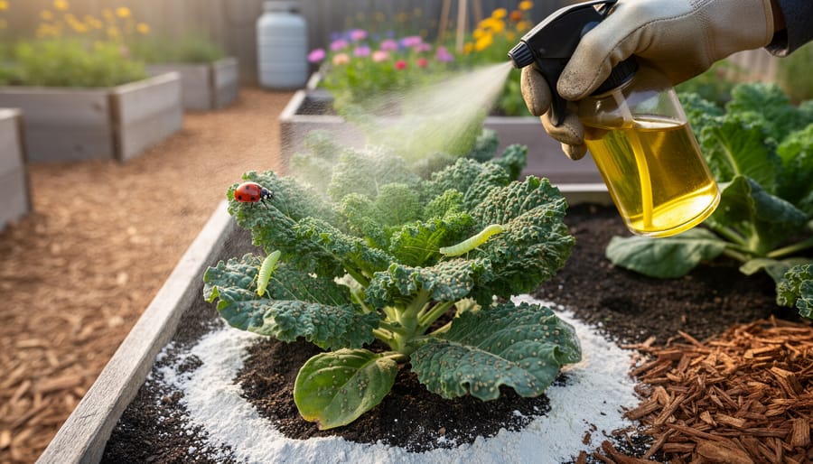 Gardener spraying neem oil onto aphid-covered kale while a ladybug and lacewing larva are visible on the leaf, with a white ring of diatomaceous earth around the plant base and a softly blurred garden behind.
