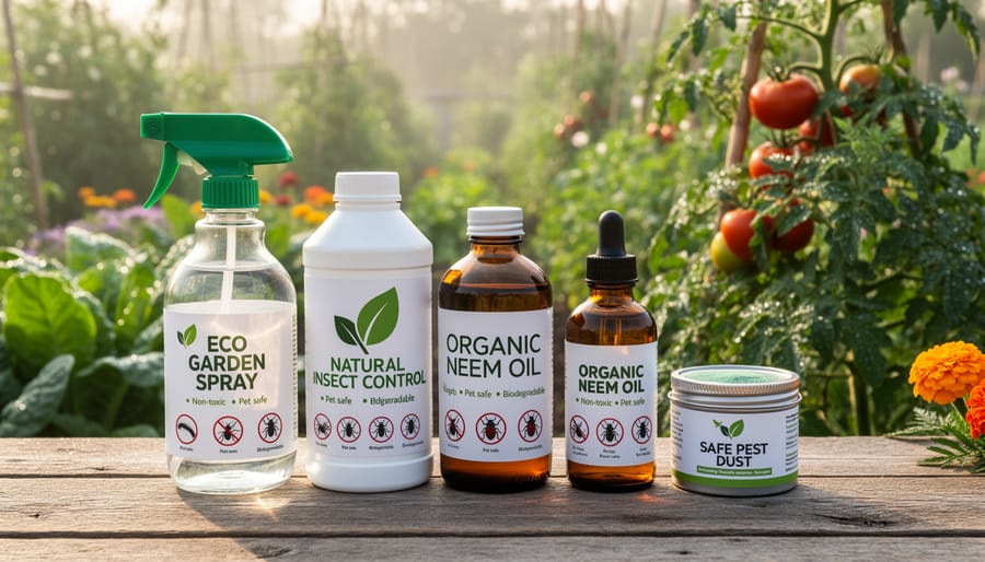 Collection of eco-friendly insecticide products including neem oil and diatomaceous earth on wooden table