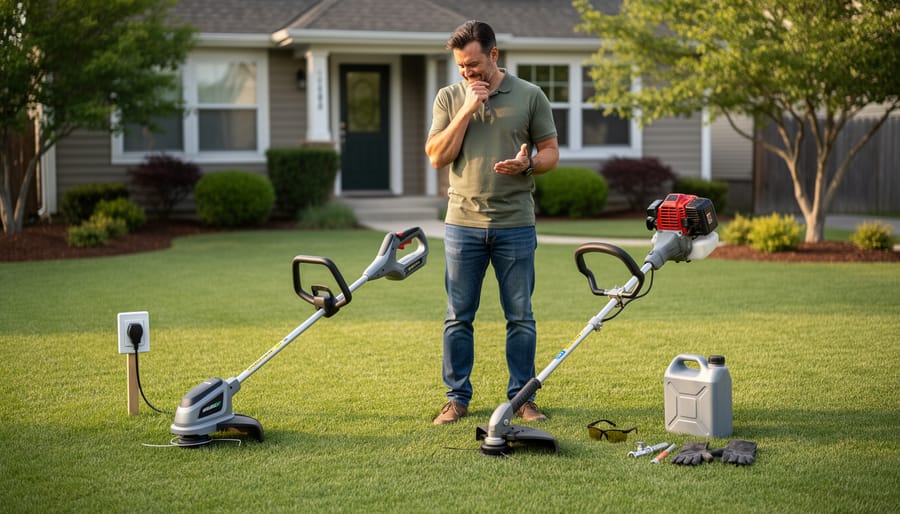 Homeowner comparing cordless electric and gas string trimmers side by side in backyard