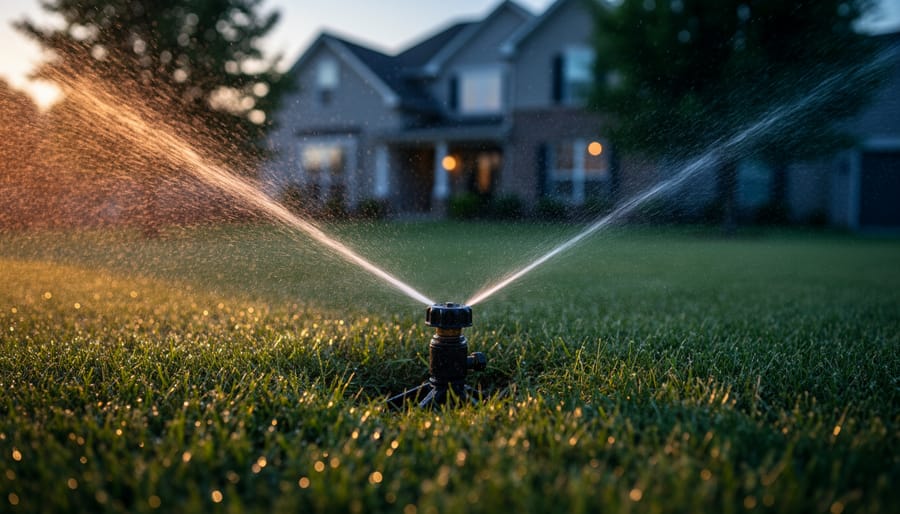 "Ground-level close-up of a rotary sprinkler watering a lush green lawn at dusk, golden light illuminating misting droplets, with a softly blurred suburban house and trees behind."