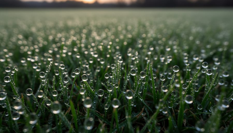 Close-up of water droplets on grass blades during evening watering