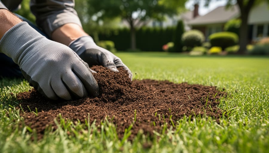 Close-up of hands holding fine-textured screened compost suitable for lawn topdressing