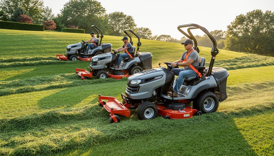 Garden tractor with rollover protection bar being safely operated on hillside terrain