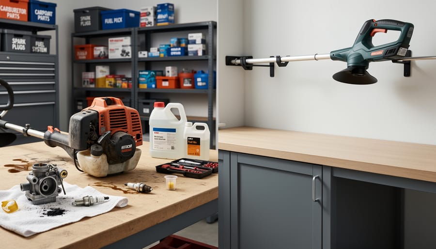 Gas string trimmer engine components laid out for maintenance including carburetor and spark plug