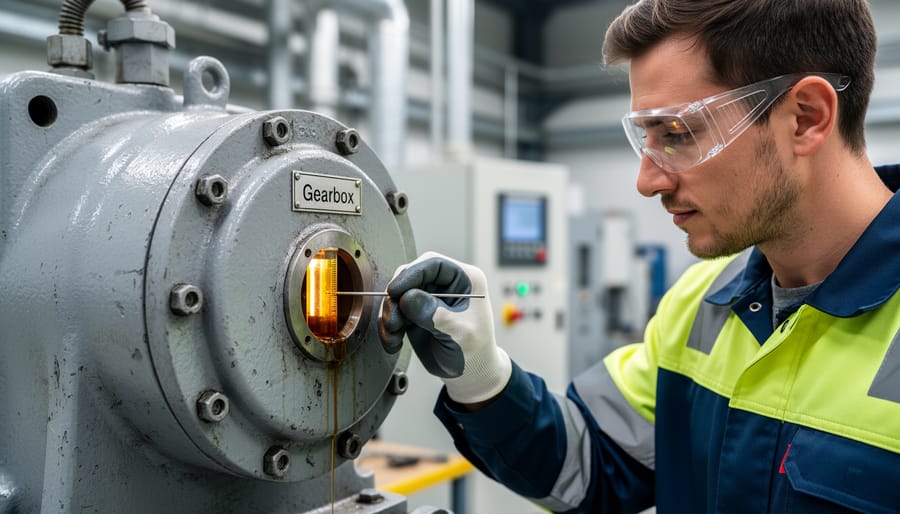 Gardener's hands checking oil level on tiller gearbox with dipstick