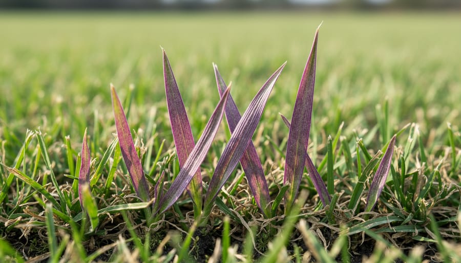 Close-up of grass blades showing purple and reddish discoloration symptomatic of phosphorus deficiency