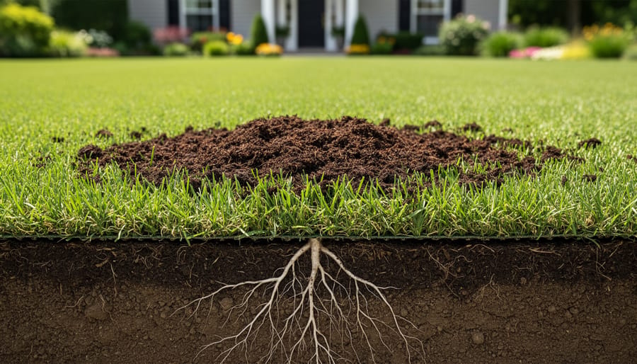 Cross-section view of grass roots growing through compost-enriched soil
