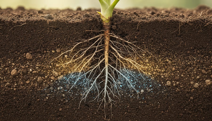 Cross-section view of grass roots growing through dark healthy soil