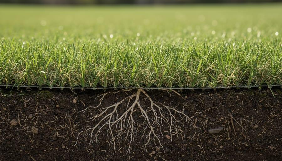 Close-up of grass roots growing through nutrient-rich soil with organic matter
