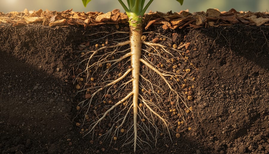 Grass roots extending through dark organic-rich soil showing healthy root development