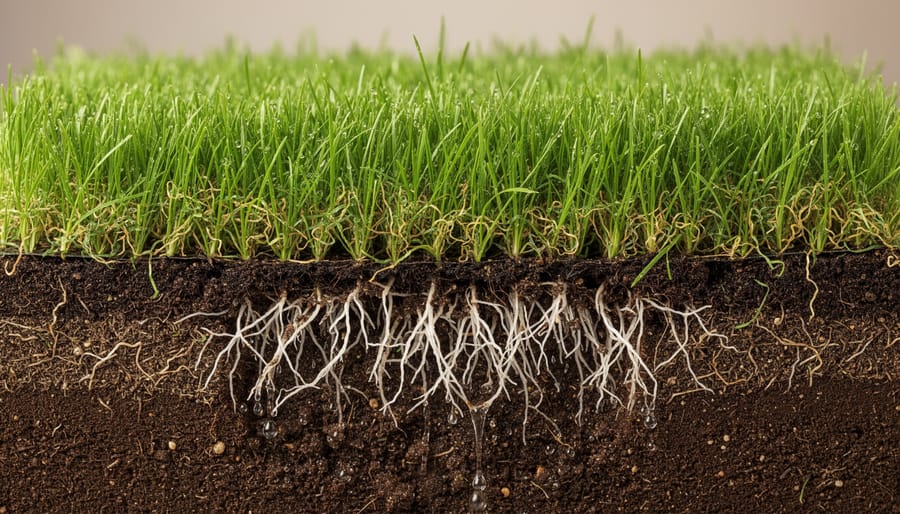 Cross-section view of healthy grass roots growing in moist dark soil