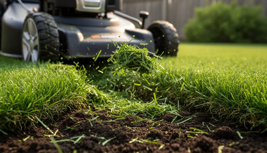 Ground-level close-up of fresh grass clippings on soil among healthy green blades, with a blurred mulching lawn mower in soft morning light and a faint backyard fence in the background.