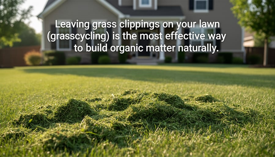 Homeowner mowing lawn with grass clippings left on turf surface for natural organic matter