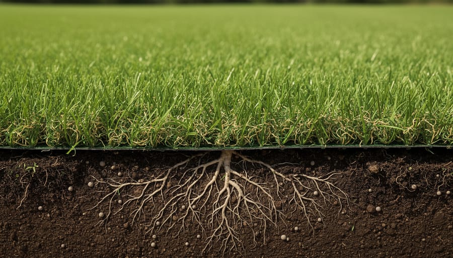 Close-up of healthy grass roots growing through nutrient-rich dark soil