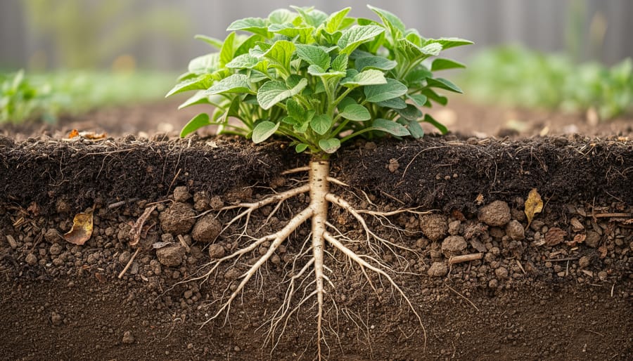 Close-up of grass roots growing through nutrient-rich dark soil
