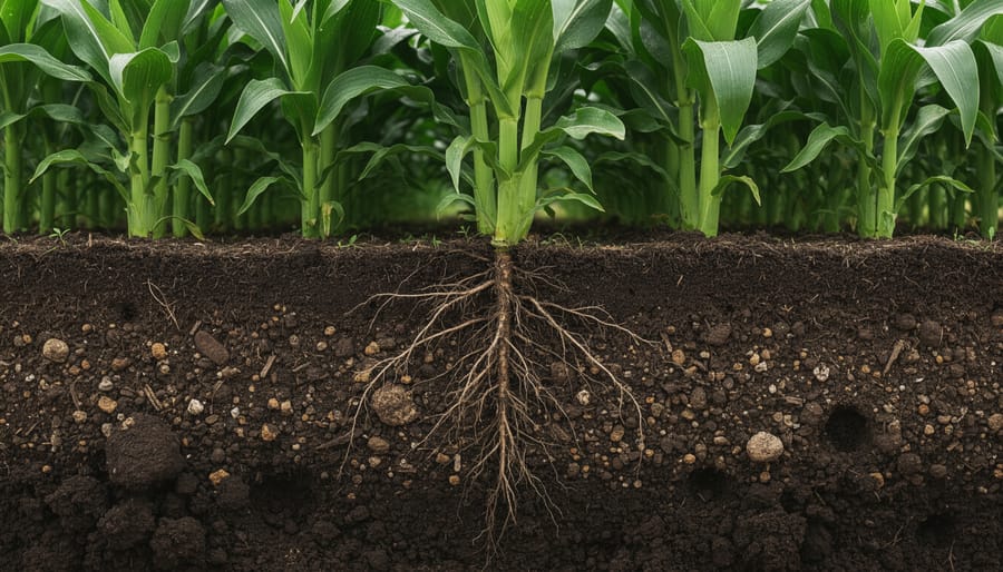 Cross-section view of healthy grass roots growing through nutrient-rich soil
