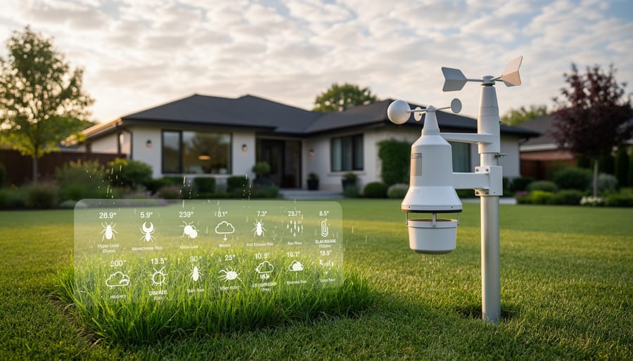 Home weather station with digital display installed in residential yard