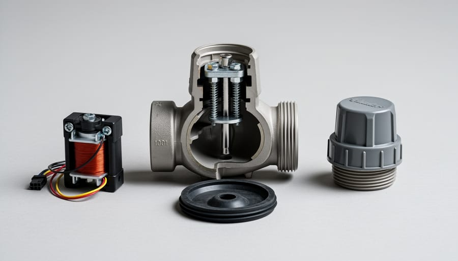 Disassembled Hunter irrigation valve showing internal components including diaphragm and solenoid