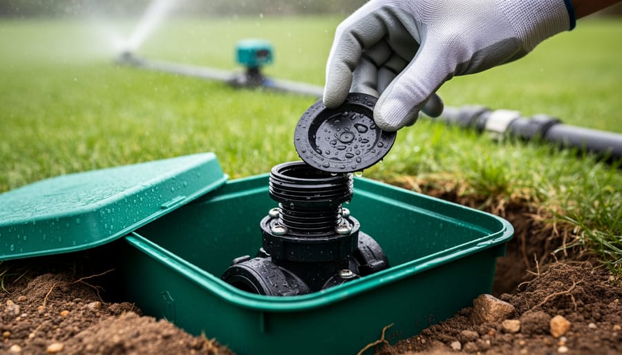 Close-up of a gloved hand lifting the rubber diaphragm from an open irrigation valve in a green valve box, water droplets visible on parts, with a blurred lawn, light sprinkler mist, and inline master valve/flow sensor assembly in the background.