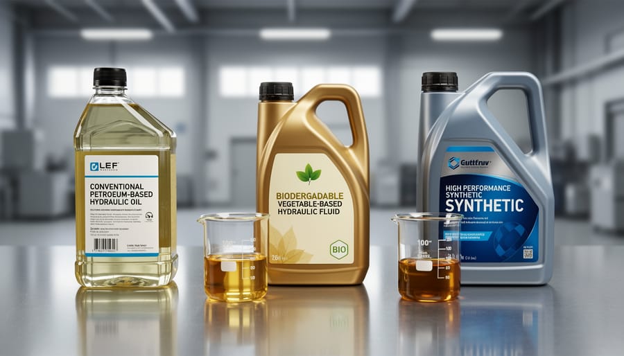 Three different types of hydraulic fluid containers displaying petroleum-based, biodegradable, and synthetic options