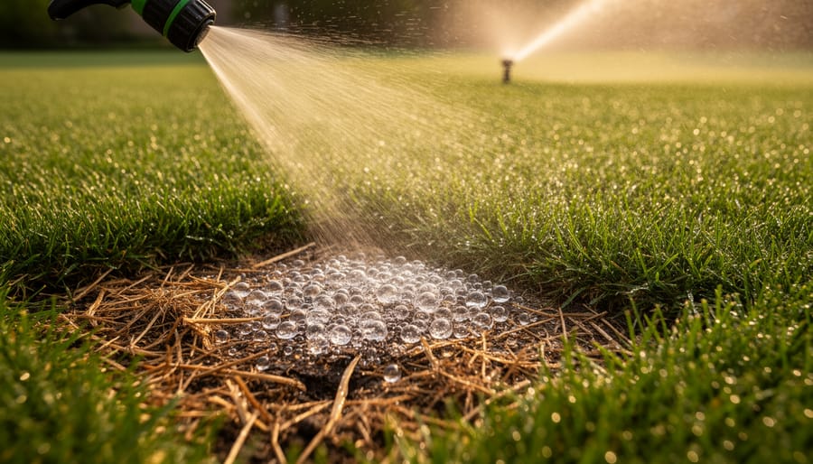 Ground-level close-up of a lawn with water droplets beading on a dry, thatchy patch while a hose-end sprayer applies a fine mist, golden hour side lighting, blurred sprinkler and yard in the background.
